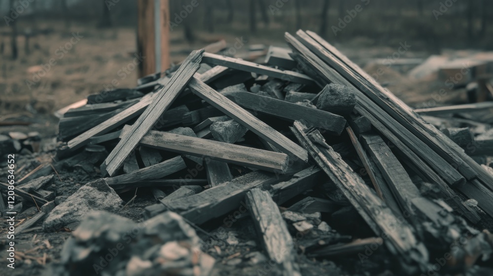 Charred wood debris pile after a wildfire, showing destruction and devastation. Charred wood debris pile after a wildfire, showing destruction and devastation.