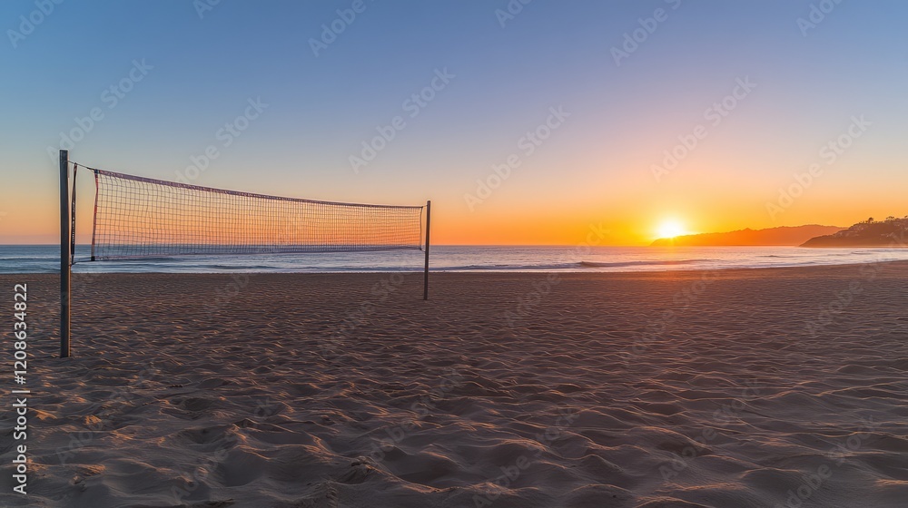 A beach volleyball net on an empty sandy beach with the sun setting behind the horizon. A beach volleyball net on an empty sandy beach with the sun setting behind the horizon.