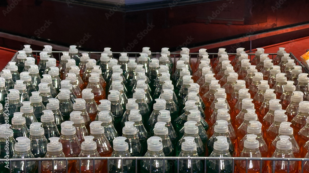 Obraz premium Rows of bottled beverages in a display.