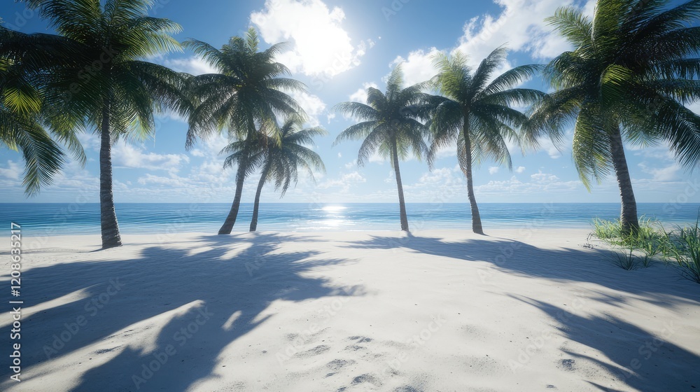 A bright and sunny beach scene with tall coconut trees casting shadows on the sand. A bright and sunny beach scene with tall coconut trees casting shadows on the sand.