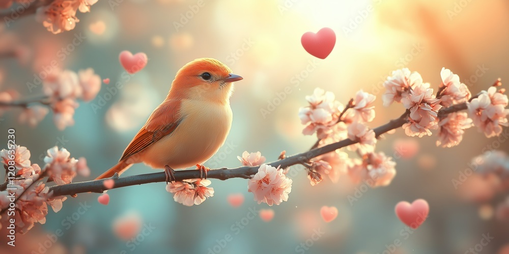 Fototapeta premium Bird perched on a blossoming branch surrounded by hearts