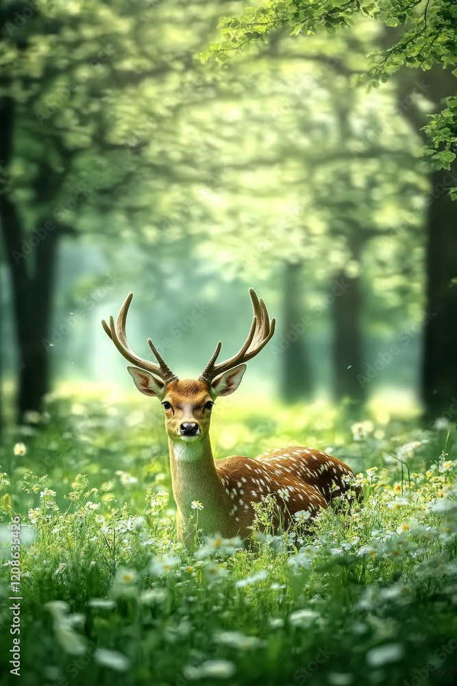 Deer in flowers on a green lawn full of flowers with a very cute expression Deer in flowers on a green lawn full of flowers with a very cute expression