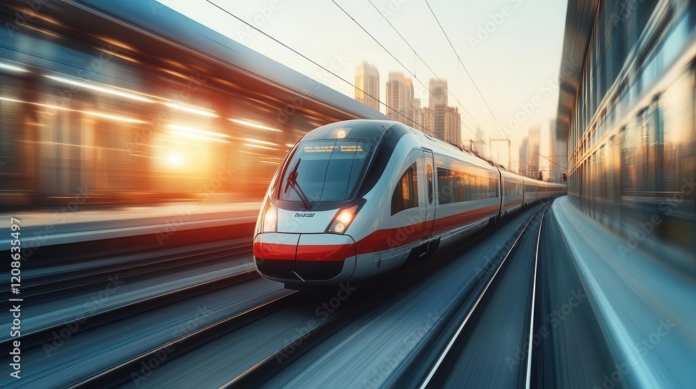 High-speed train, close-up of sleek train in motion, modern city landscape in the background High-speed train, close-up of sleek train in motion, modern city landscape in the background