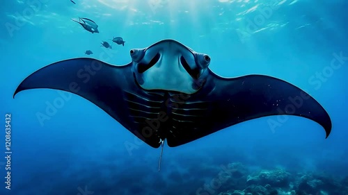 A majestic giant manta ray glides gracefully through the deep blue ocean with sun rays shining from above.