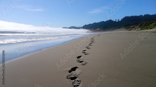 A close-up of footprints in the sand leading toward the ocean. photo