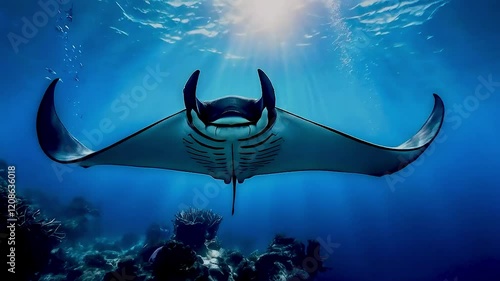 A majestic manta ray glides gracefully through the deep blue ocean with sunbeams shining from above.