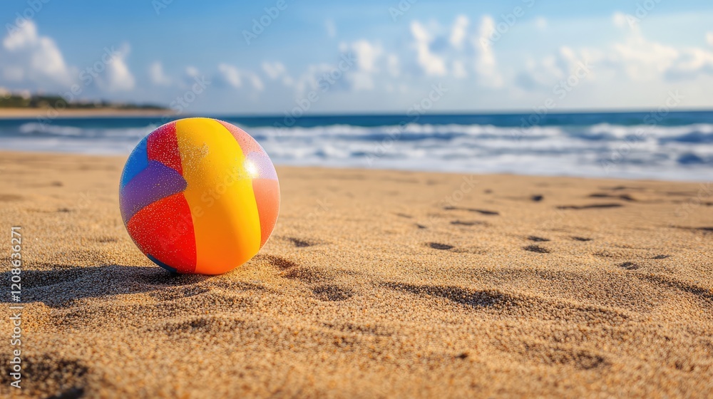 A colorful beach ball resting in the sand with gentle waves in the distance. A colorful beach ball resting in the sand with gentle waves in the distance.