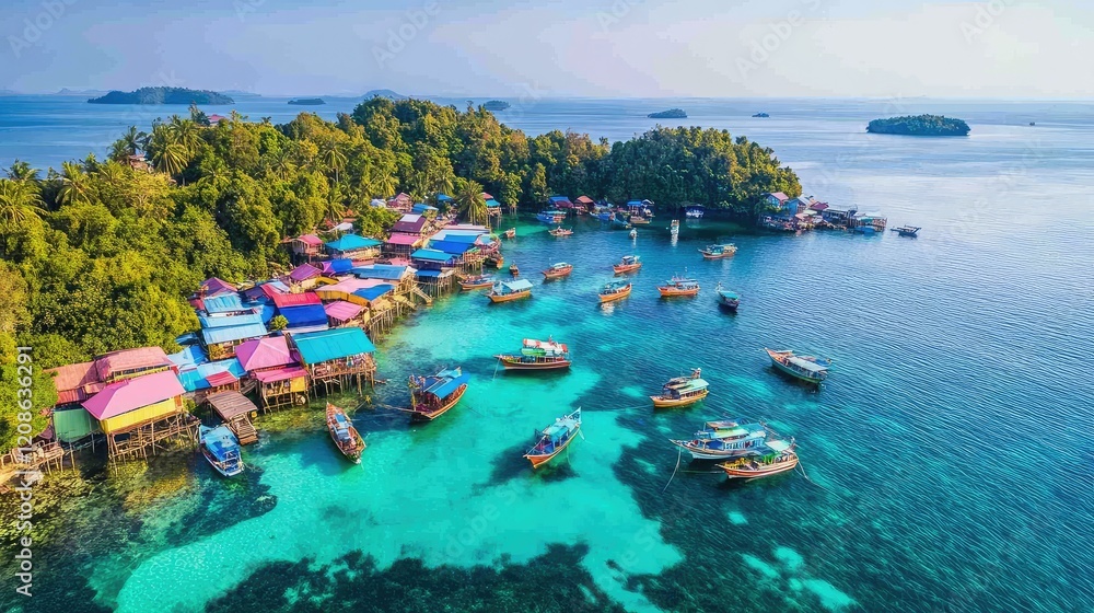 Fototapeta premium A colorful coastal fishing village with boats docked in calm turquoise waters.