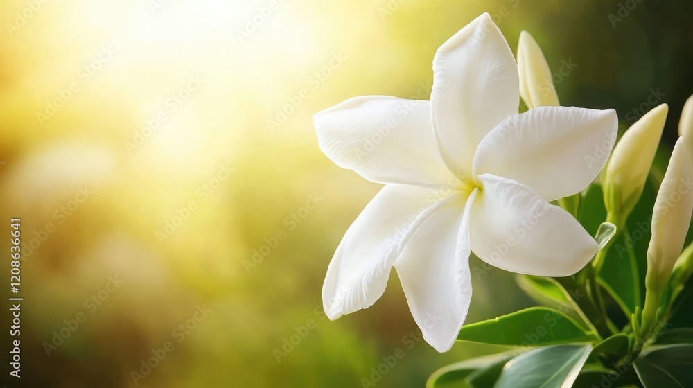 Fototapeta premium A delicate white jasmine flower blooming against a blurred green background, with soft sunlight highlighting the petals.