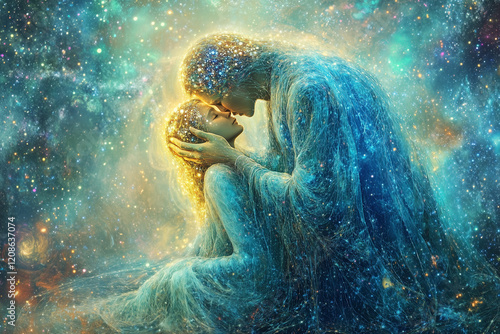 Two radiant figures, glowing with twin flame energy, embraced in a galaxy filled with stars. photo