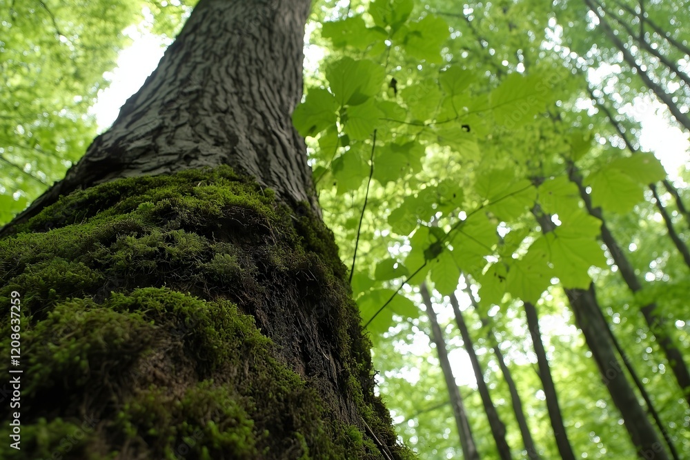 Fototapeta premium Tall tree covered in moss under the green canopy in summer