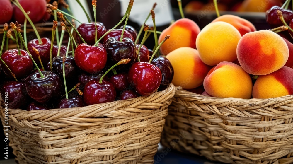 Fresh Cherries and Peaches Displayed in Rustic Baskets at a Farmers Market, Showcasing Vibrant Colors and Natural Textures of Summer Fruits Fresh Cherries and Peaches Displayed in Rustic Baskets at a Farmers Market, Showcasing Vibrant Colors and Natural Textures of Summer Fruits