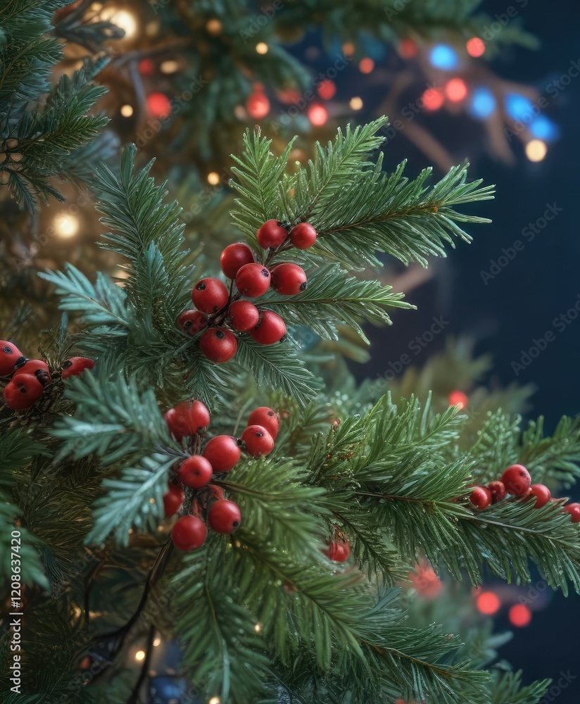 A lush arrangement of pine branches and holly in shades of green and red rests on a soft blue backdrop amidst sparkling Christmas lights , decorations, branch A lush arrangement of pine branches and holly in shades of green and red rests on a soft blue backdrop amidst sparkling Christmas lights , decorations, branch