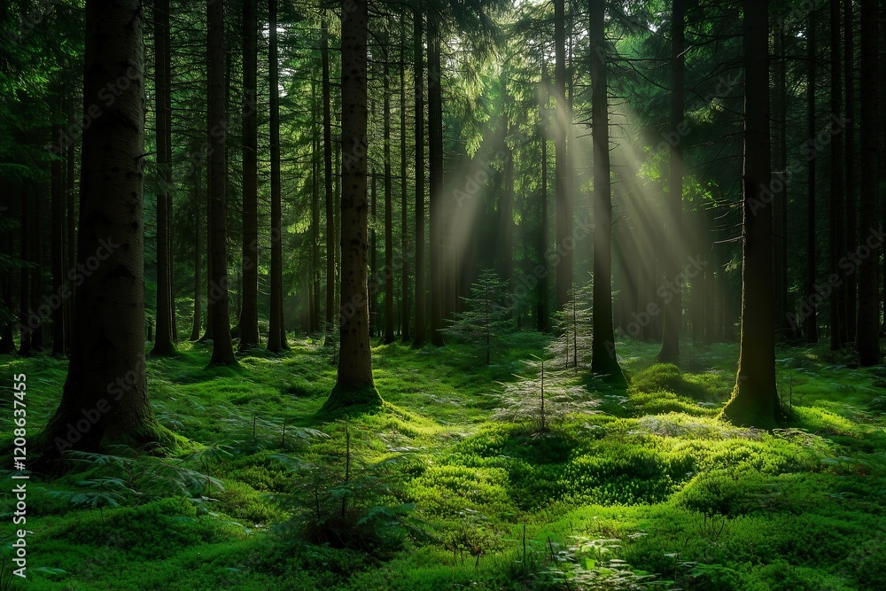 Sunlight breaks through trees in a serene forest setting Sunlight breaks through trees in a serene forest setting