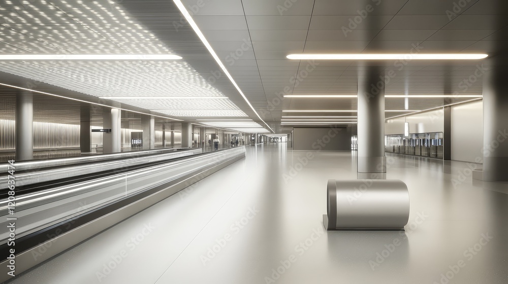 A futuristic moving walkway illuminated by soft LED lights, set within a modern airport terminal. A futuristic moving walkway illuminated by soft LED lights, set within a modern airport terminal.