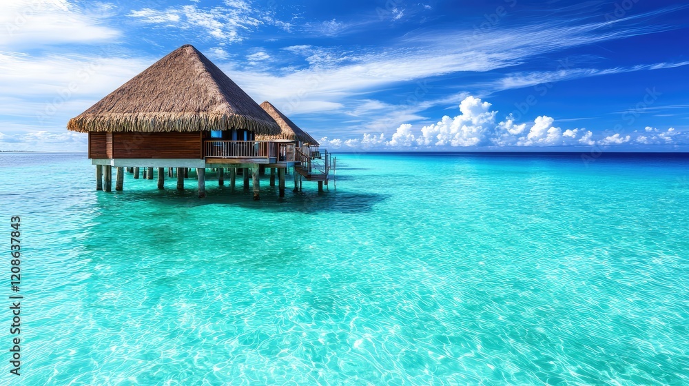 A luxurious overwater bungalow resort surrounded by turquoise ocean waters. A luxurious overwater bungalow resort surrounded by turquoise ocean waters.