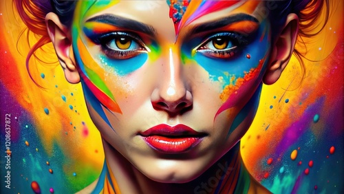 A vibrant Pop Art woman's face, bold makeup, and graphic design elements, captured in a close-up landscape-style portrait.