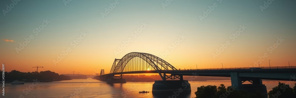Naklejka premium A majestic bridge spanning a serene river under the warm light of sunset, tranquil scene, scenic landscape, sunset over water