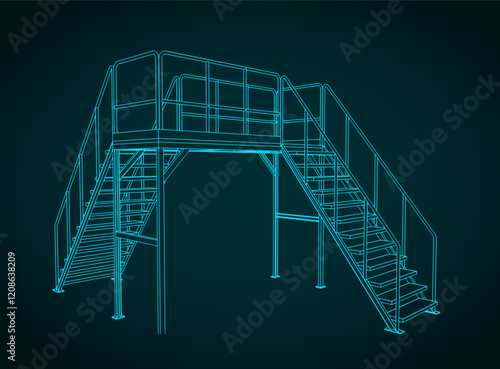 Industrial platform and stairs blueprint illustration