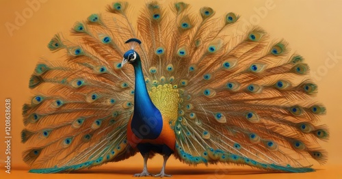 A majestic peacock spreads its colorful tail feathers on a warm orange background, bird species, ornithology