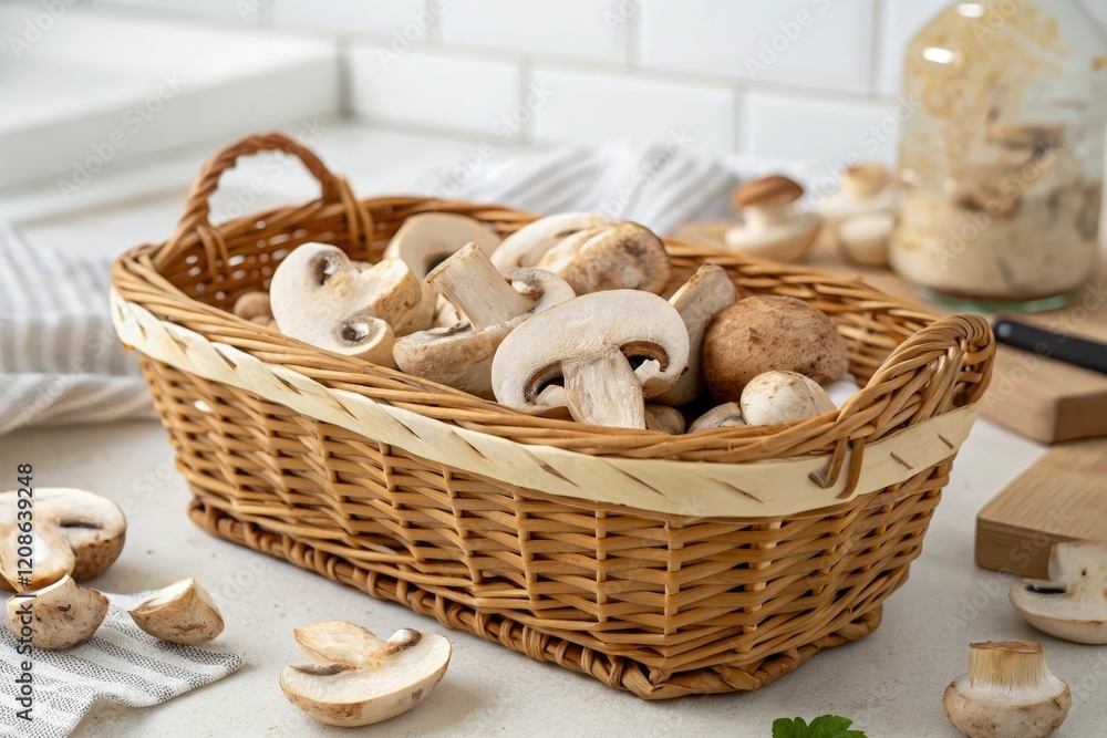 A medley of chopped mushrooms are arranged on a wicker laundry basket, wicker laundry basket, food containers, rustic decor, kitchen storage, natural fiber A medley of chopped mushrooms are arranged on a wicker laundry basket, wicker laundry basket, food containers, rustic decor, kitchen storage, natural fiber