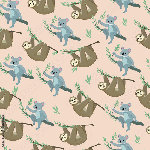 Canvas Print Seamless vector pattern featuring adorable koalas and sloths resting on tree branches against a beige background