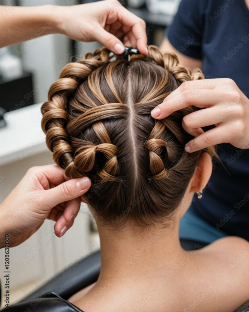 Naklejka premium Manos de peluqueras creando un peinado elegante recogido con torzadas a una clienta en una peluquería