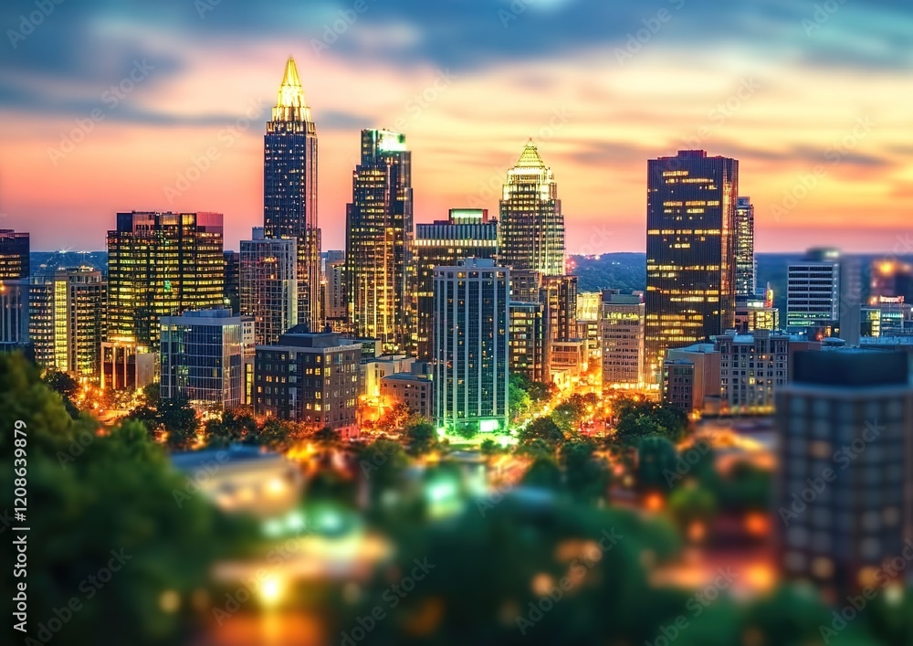 Obraz premium The skyline of magnificent fantastic North Carolina cityscape at sunset with beautiful buildings