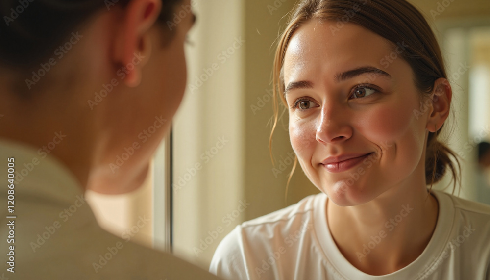 Smiling woman looking at herself in the mirror Smiling woman looking at herself in the mirror