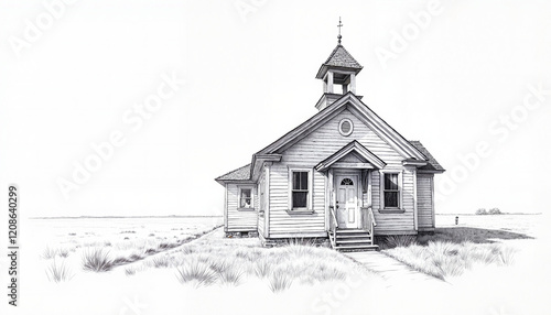 Black and white illustration of an old schoolhouse on a plain
