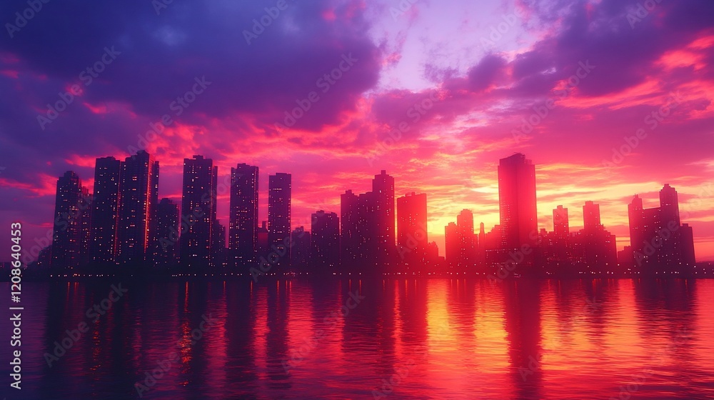 Fototapeta premium City skyline sunset reflection, vibrant colors, calm water, urban landscape, ideal for travel brochures
