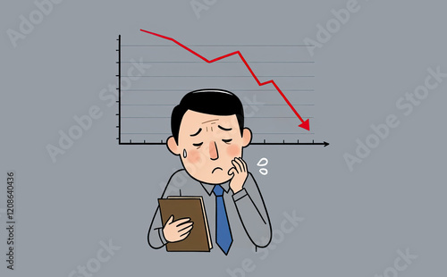  落ち込むビジネスマンのフラットなシンプルイラスト 下落するチャート 業績不振 悩み ストレス 株価 投資 Flat simple illustration of a depressed businessman Falling chart Poor performance Worries Stress Stocks Investment
