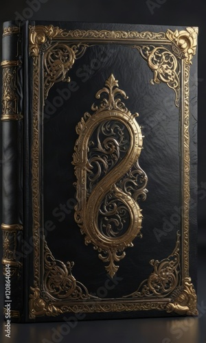 A mysterious and ancient tome bound in black leather with gold and silver swirls, ritualistic, occult photo