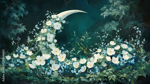 Delicate white begonias and bluebells bloom in harmony within a crescent moon-shaped flower bed, surrounded by lush greenery on a serene summer morning. Lunar Garden. Illustration photo