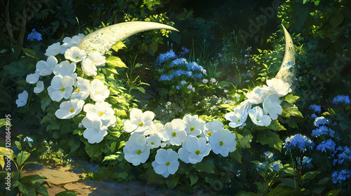 Delicate white begonias and bluebells bloom in harmony within a crescent moon-shaped flower bed, surrounded by lush greenery on a serene summer morning. Lunar Garden. Illustration photo