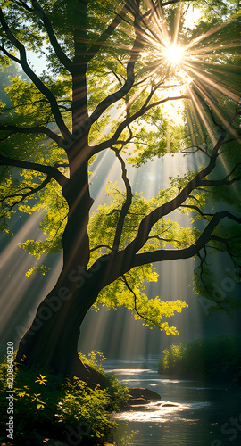 sun rays through the forest