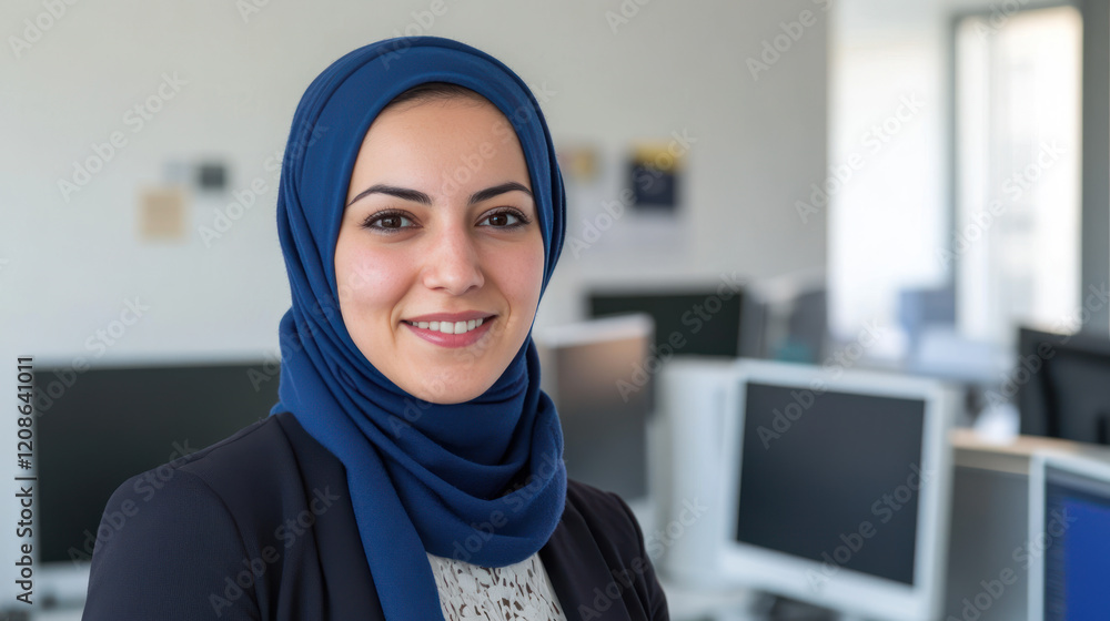 German business woman in blue hijab work at office with computers in desk German business woman in blue hijab work at office with computers in desk