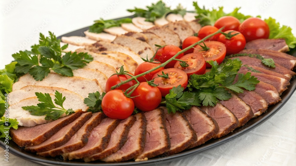 A perfectly arranged platter of juicy meats served with fresh tomatoes and parsley leaves, food presentation, meat and cheese board, delicious spread A perfectly arranged platter of juicy meats served with fresh tomatoes and parsley leaves, food presentation, meat and cheese board, delicious spread