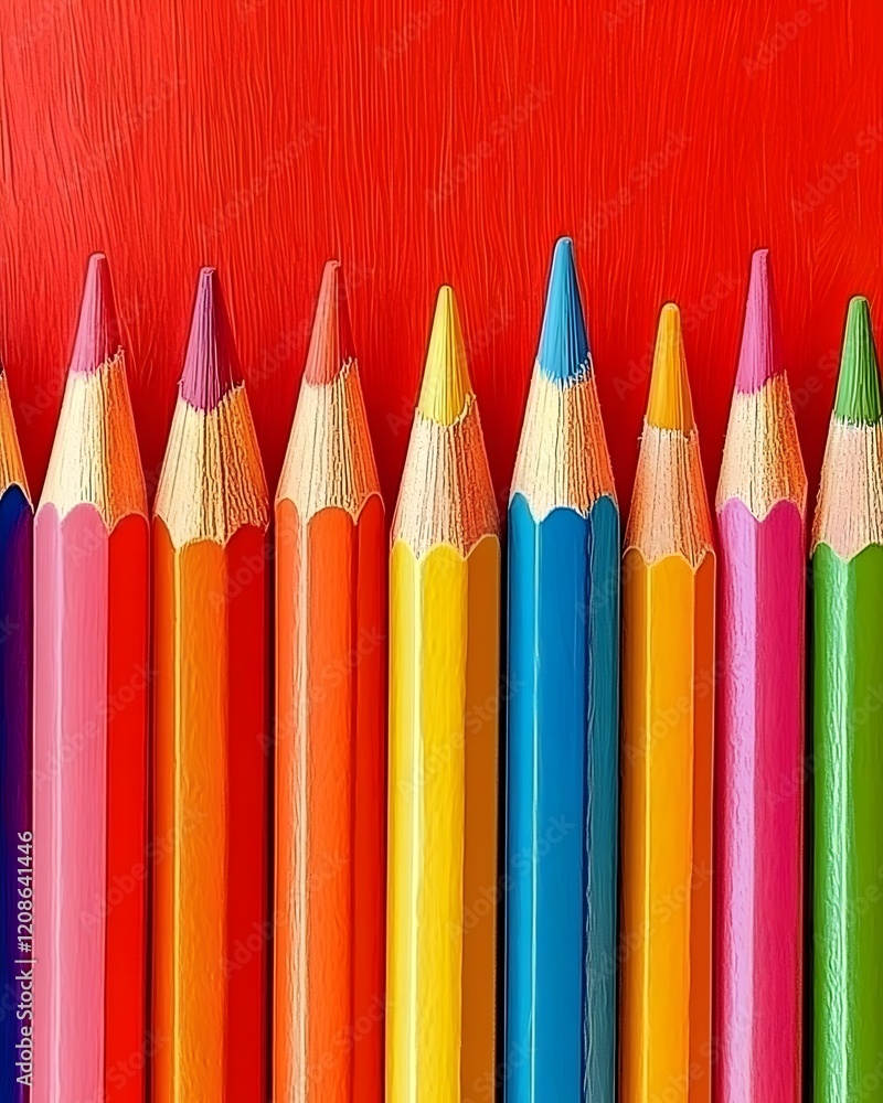 Ten Sharpened Colored Pencils on Red Background Ten Sharpened Colored Pencils on Red Background