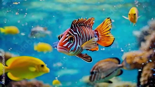 A colorful striped tropical fish swims in a vibrant blue aquarium surrounded by other fish and air bubbles.