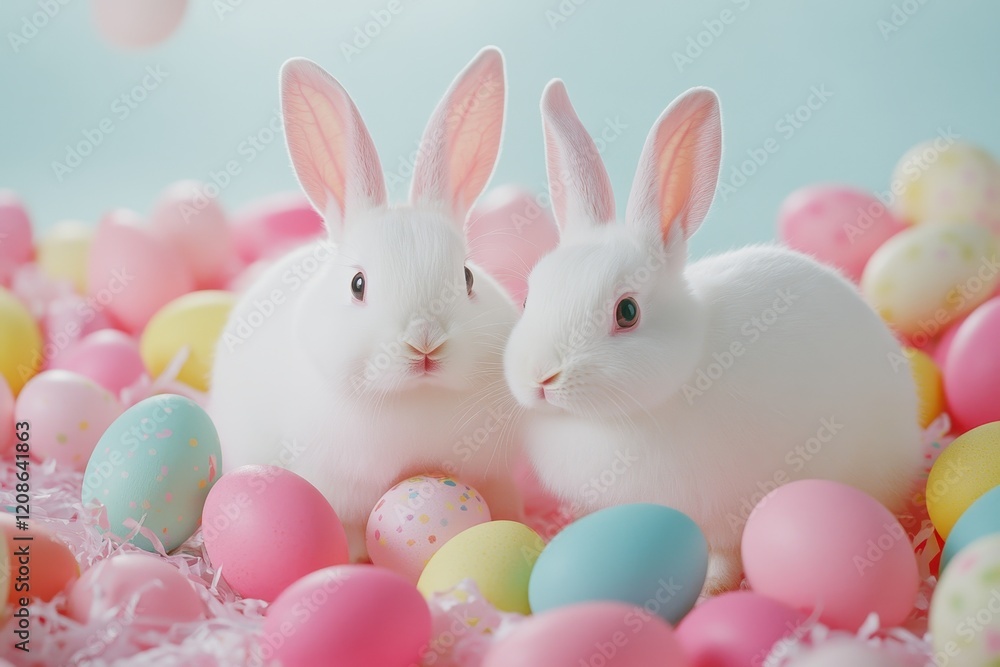 Cute white rabbits surrounded by colorful Easter eggs during spring celebration Cute white rabbits surrounded by colorful Easter eggs during spring celebration