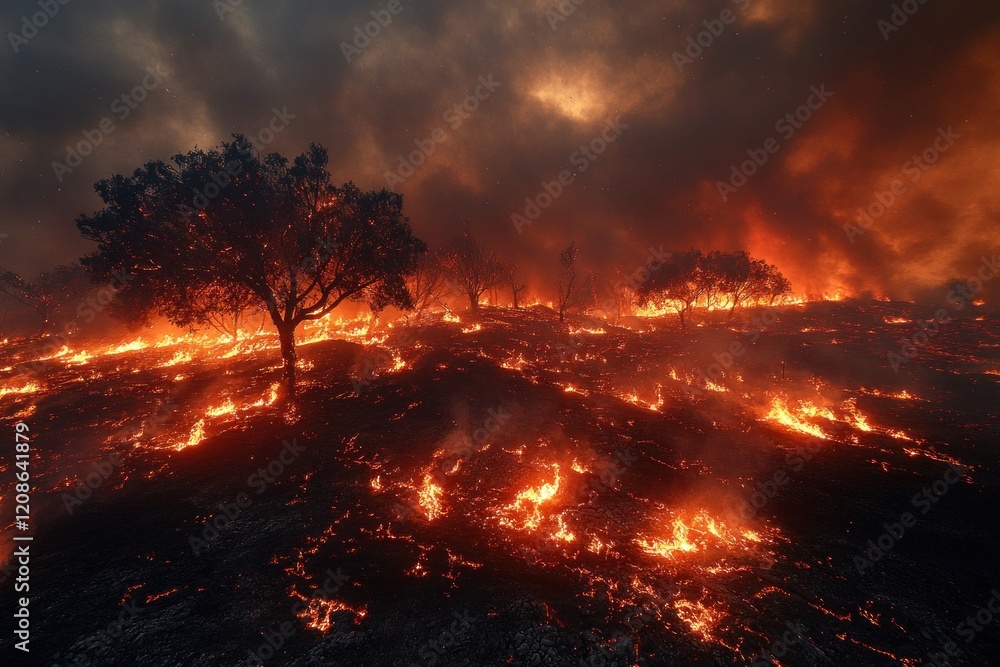 Fiery wildfire engulfs trees, night sky. Fiery wildfire engulfs trees, night sky.
