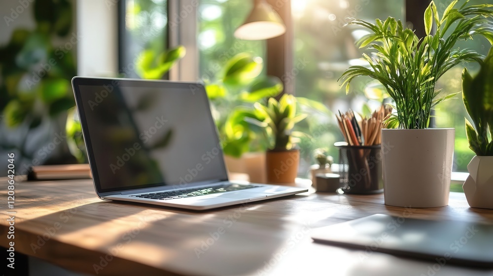 Minimalist home office, close-up of clean desk with laptop and plant, organized and sleek design Minimalist home office, close-up of clean desk with laptop and plant, organized and sleek design