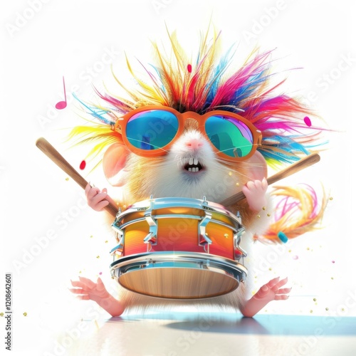 Cute hamster with colorful hair plays the drums and wears funky sunglasses