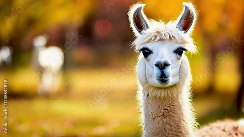 A curious white llama with fluffy fur stands in a golden sunlit field during autumn.