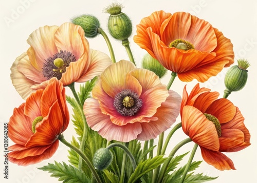 Wallpaper Mural Vintage watercolor oriental poppies bloom vibrantly against a pristine white background, a botanical AI art masterpiece. Torontodigital.ca