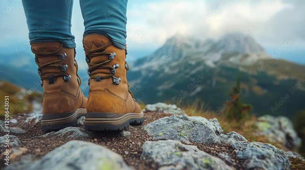 Mountain hiking trail, close-up of boots on a rocky trail, scenic mountain view in the distance Mountain hiking trail, close-up of boots on a rocky trail, scenic mountain view in the distance