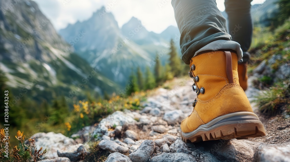 Mountain hiking trail, close-up of boots on a rocky trail, scenic mountain view in the distance Mountain hiking trail, close-up of boots on a rocky trail, scenic mountain view in the distance