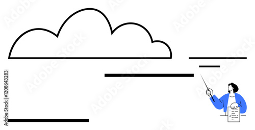 Presenter holding document pointing at cloud with horizontal lines. Ideal for data storage, cloud computing, presentations, technology, education, communication, abstract line flat metaphor