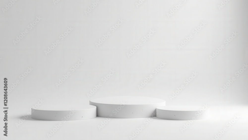 Three symmetrical white circular pedestals rest harmoniously on a pristine white surface. Centered is the largest, flanked by identical smaller pairs, creating a balanced visual harmony. Three symmetrical white circular pedestals rest harmoniously on a pristine white surface. Centered is the largest, flanked by identical smaller pairs, creating a balanced visual harmony.